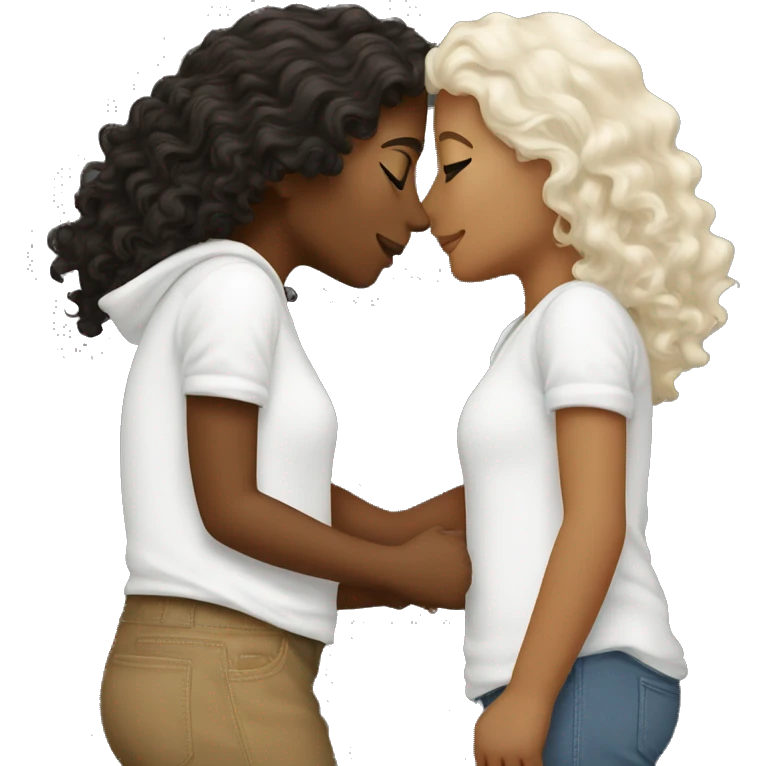 2 lesbians kissing, one white with brown hair one black white brown curly hair emoji