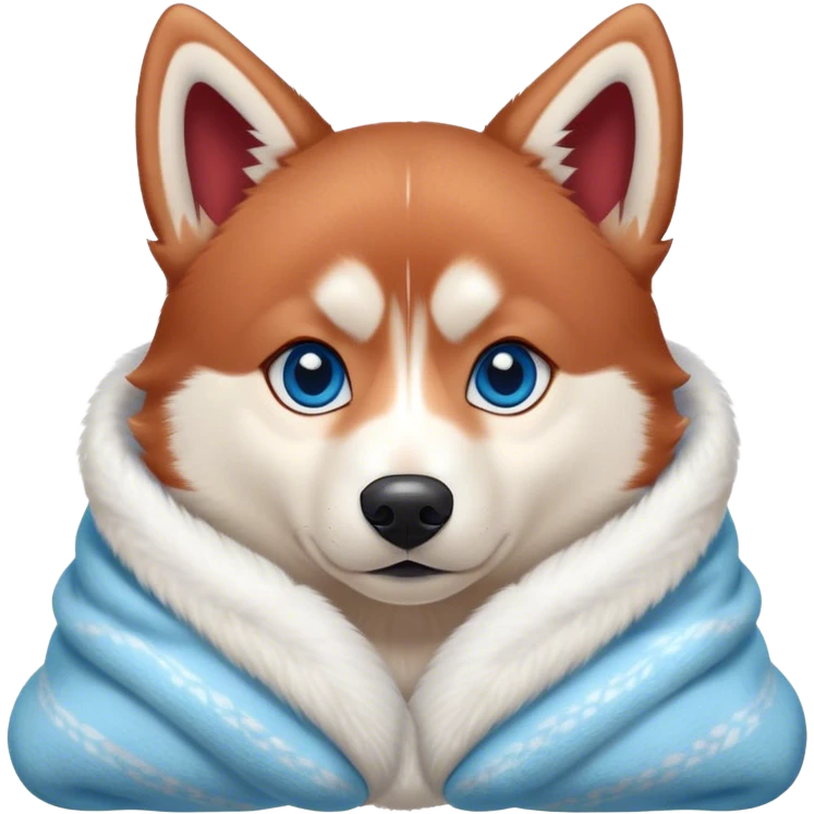 cute, disney-style, red siberian husky with blue eyes cozy in a blanket emoji