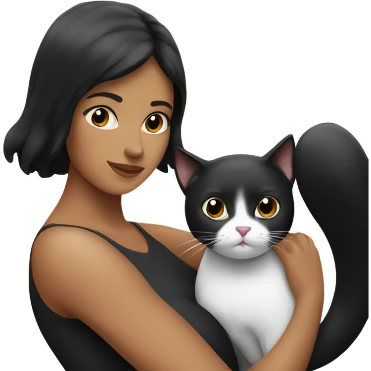 Tanned woman with black hair hugging a black and white cat  emoji