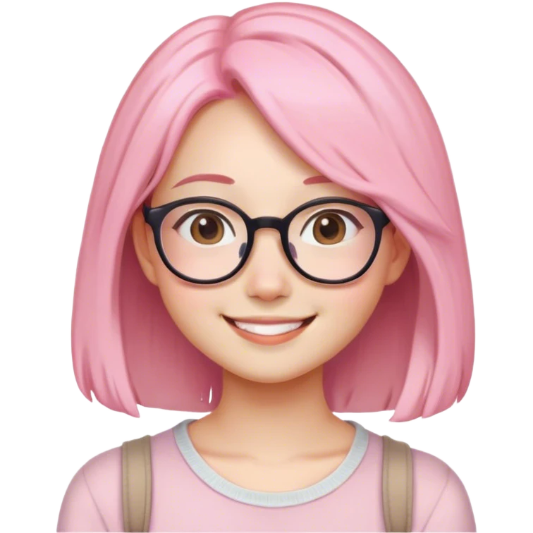 women with long shoulder hair, the color is soft pink, white skin, use glasses, have a dimple and asian smile, cute, the age is 20 years old. emoji