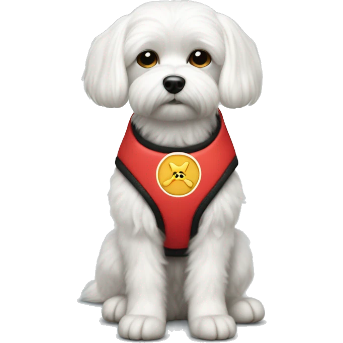 Maltese wearing a red service dog vest with a do not pet symbol on it emoji