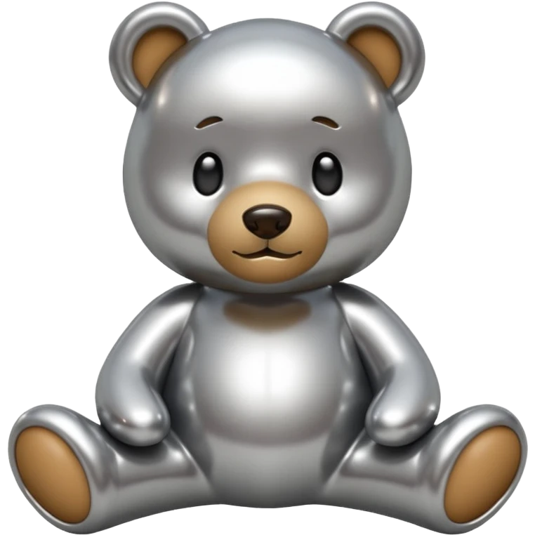 A cute teddy bear emoji made of liquid silver chrome, smooth rounded body, glossy metallic surface, soft reflections, friendly proportions, iOS emoji style, centered, clean white background emoji