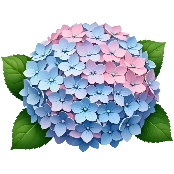 Natural hydrangea flower with realistic cluster of tiny individual blooms, soft color gradients from center to edge, slightly irregular rounded shape, and detailed green leaves emoji