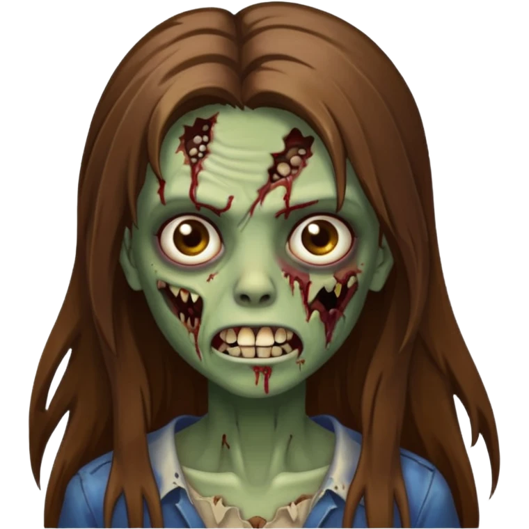 Girl zombie with brown long hair with teeth and serious face IOS style emoji