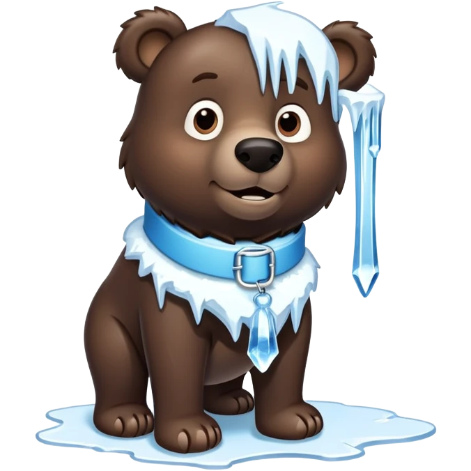 Realistic dark brown bear on four legs with a frozen ice collar that has icicles protruding downward, shaped like a large dog collar but made of crystal clear ice emoji