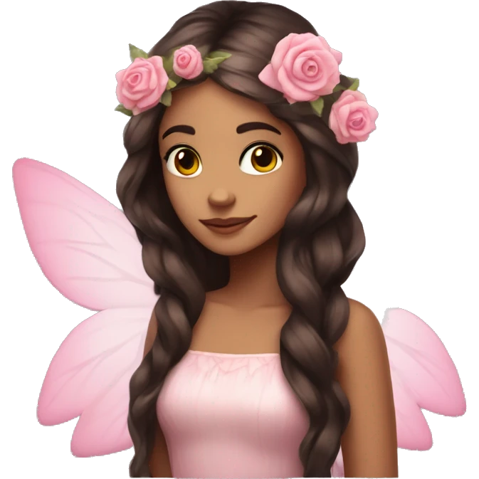 Beautiful, rose, fairy, pink, flowers in hair, long dark brown hair, big wings, fair skin emoji