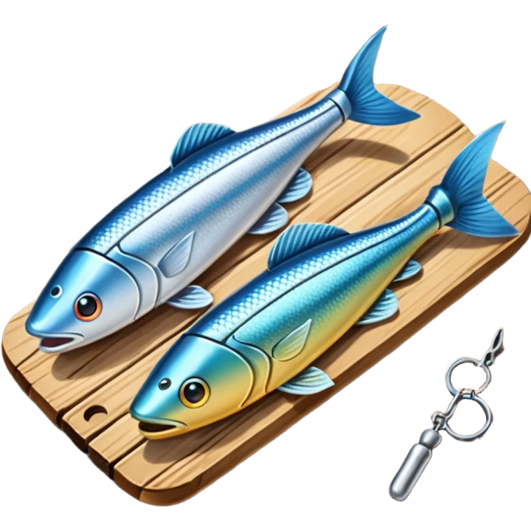 A metal lure set arranged on a wooden plank emoji
