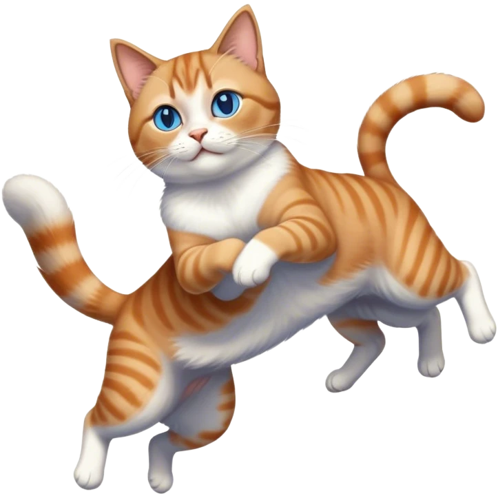 Athletic brown gray orange tabby cat leaping in the air over a blue eyed Siamese chubby cat emoji