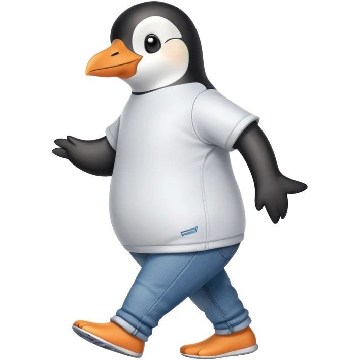 friendly anthropomorphised penguin in jeans and a t-shirt jogging upright standard pose no sunglasses emoji