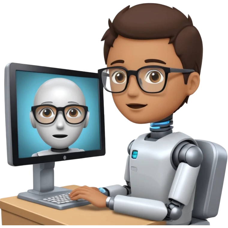 human is using some complicated system, in front of the monitor, asking someting to the monitor by natural language the monitor, ai robot answering in his own language emoji