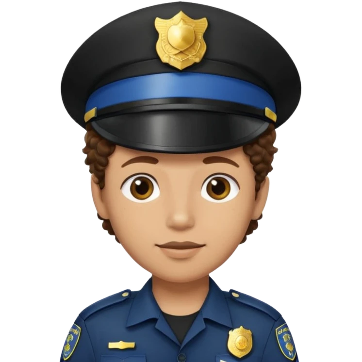 a cartoon-style avatar of a police officer with curly brown hair, wearing a black cap emoji
