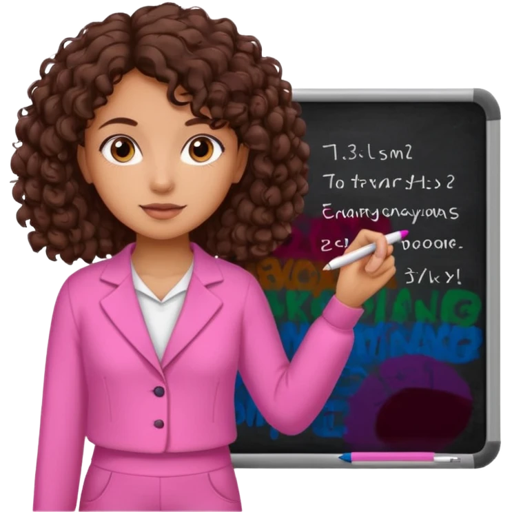 a girl with dark brown curly like hair wearing pink not hot pink 2 piece set teaching up on a board emoji