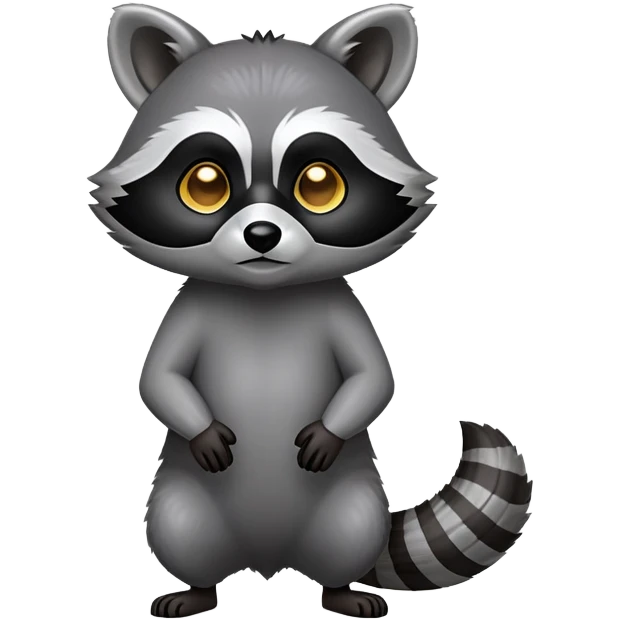 Cinematic-Raccoon-Realistic-Full-Body-Standing on all fours-Emoji – Tail flicking lazily, head tilted dramatically, thick grey fur with a signature black mask, sharp and alert ears, simplified yet realistic focused features, highly detailed, glowing with an almost sarcastic glow. emoji