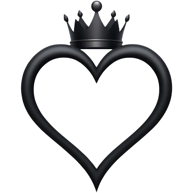 A stylized black heart shape with symmetrical, spiral-like curves at the top, giving it a whimsical and artistic look. The heart tapers to a sharp point at the bottom. Above the heart, there is a simple, bold black crown with three points, symbolizing royalty or power. The design is minimalistic and elegant, with a fantasy or gothic flair, suitable for use as a symbolic or iconic emoji. emoji