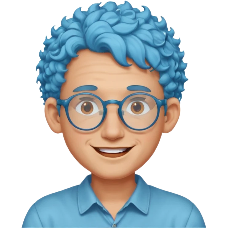 light blue haired man curly hair with big ears and red earrings and spectacles happy emoji