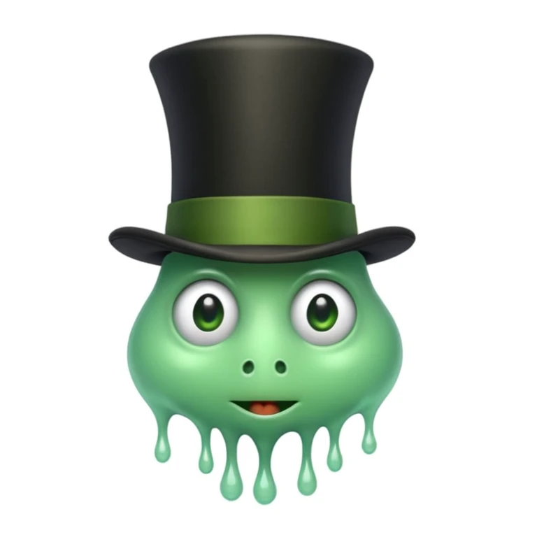A whimsical, cartoonish 'goop' creature wearing a Victorian gentleman's black top hat, melting slightly over the brim, with expressive eyes peeking out. emoji