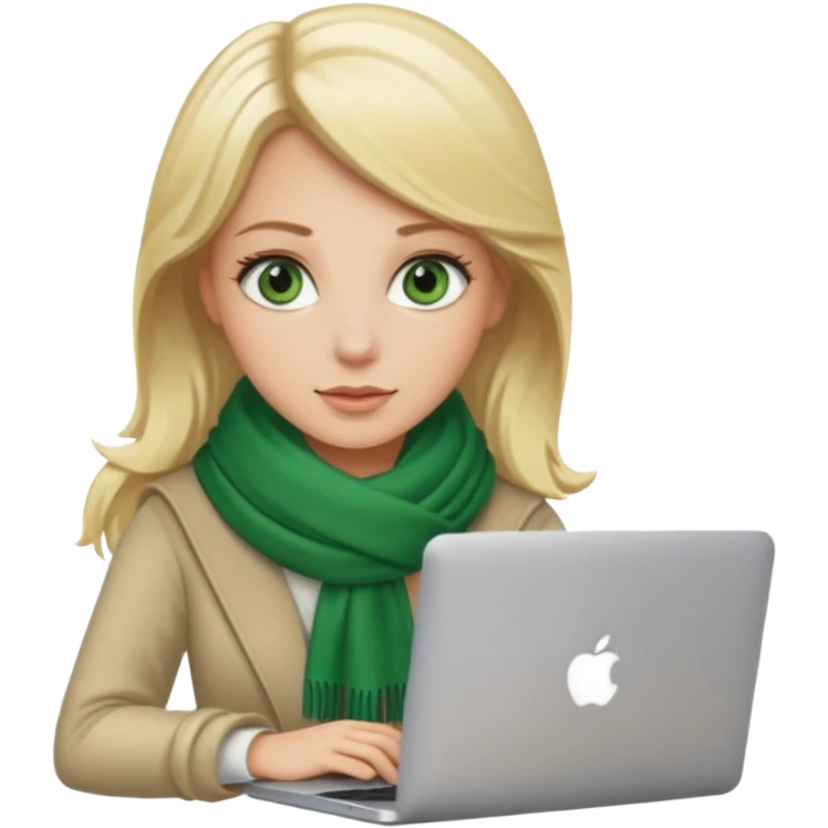 blond women skine , with green eyes and scarf . with macbook emoji