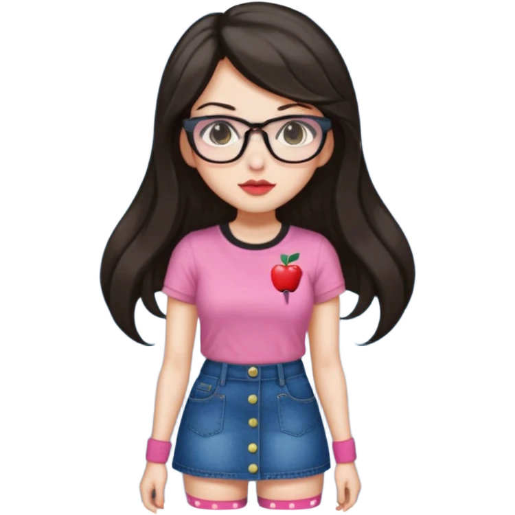 Light skin but a little white , monolid eyes,  dark brown long (not too long but not too short) hair, a button nose, fuller lips, blush (Light) PiNk liptint not too pink, wearing  bayonetta glasses (red) a apple T-shirt, dotted socks, a denim skirt emoji