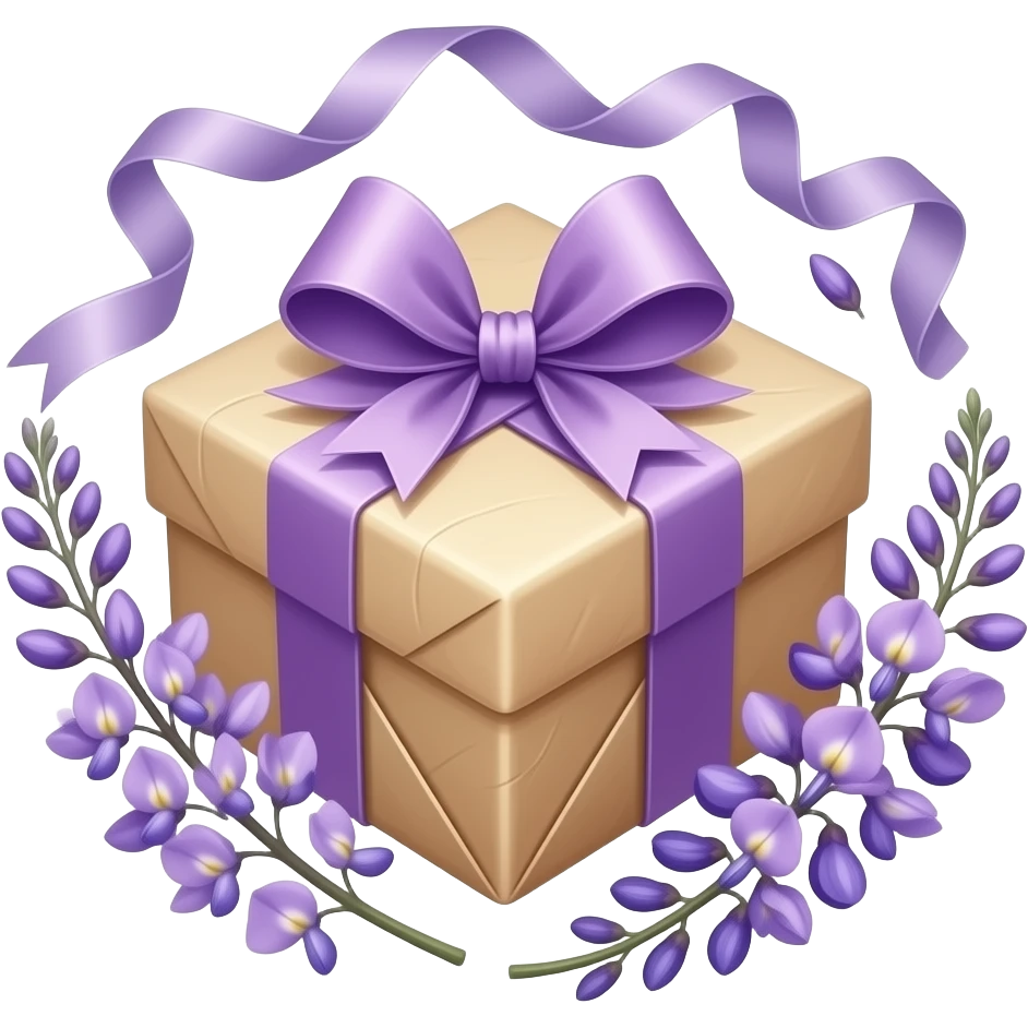 A parchment-wrapped gift with a lavender silk bow rests among dried violet and indigo sprigs, with soft wisteria ribbons adding a touch of vintage elegance emoji