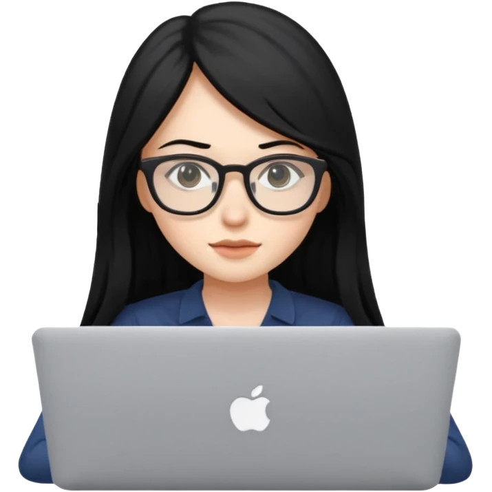 female student with black long hair working on a macbook laptop. emoji