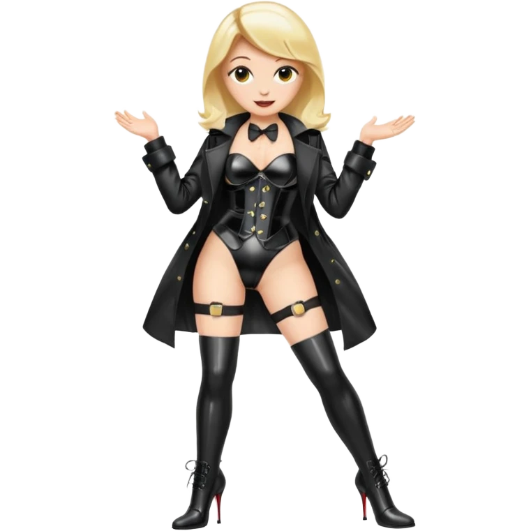 Create an female emoji with stockings and garter belt wearing a shiny wetlook coat and shiny high heel boot that go below the knee emoji