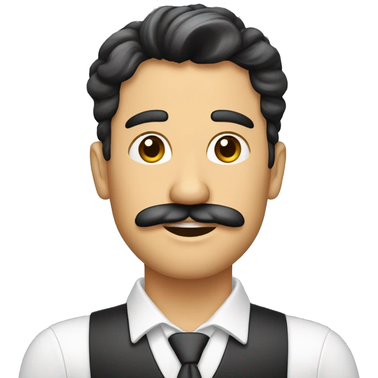 Homem executivo, celular, barba pequena e bigode,terno,cabelos pretos, nariz medio emoji