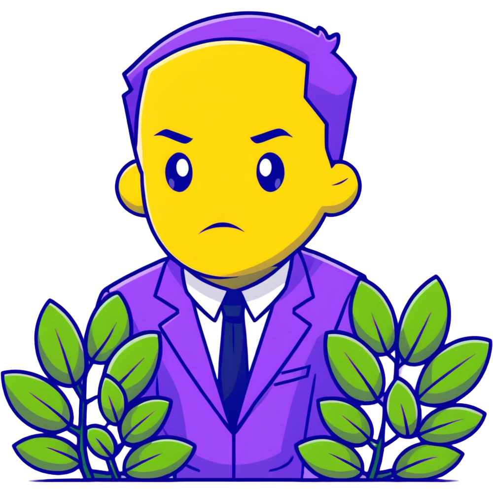 Man in a yellow suit looking suspicious while hiding in a bush, shifty eyes emoji