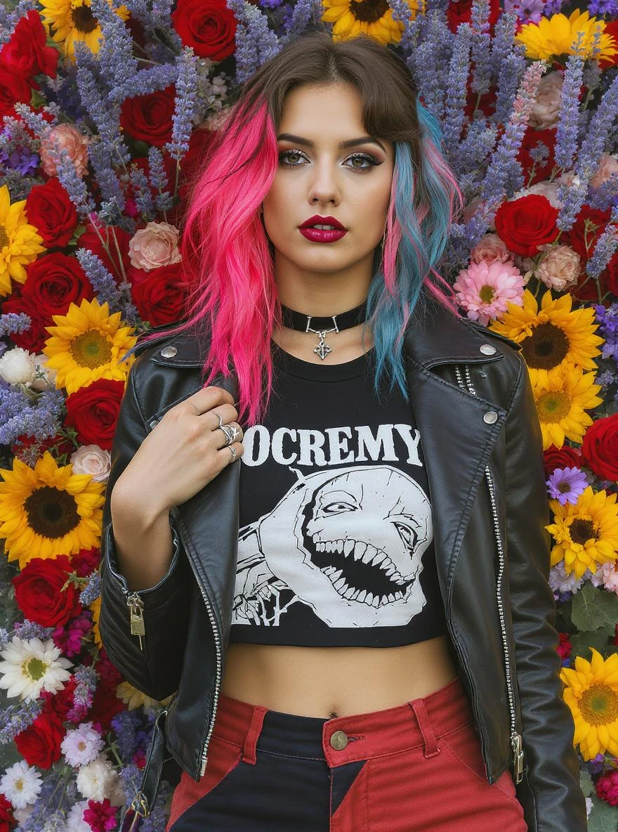 Closeup photo of a woman around colorfull flowers wearing alternative fashion emoji
