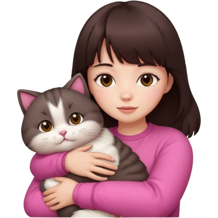 beautiful woman with dark brown straight hair and bangs, brown eyes wear a pink clothes, and white skin hugs a cute chubby cat emoji