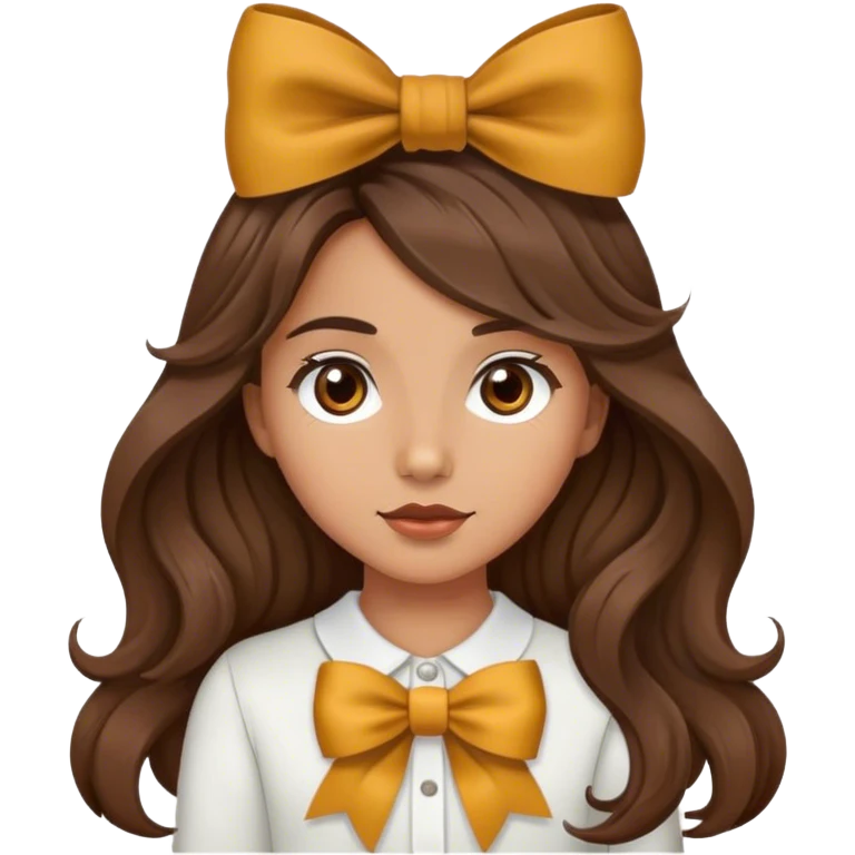 girl with olive skin, brown eyes and brown long wavy hair, an a bow emoji
