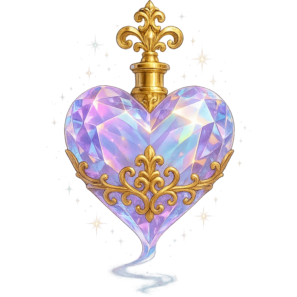 crystal luxurious elixir bottle in heart shape, pastel gradient, lots of shine, facets, ornaments, golden details, magical effects, very small golden neck, transparent background, beautiful merging base, clearly floating in air, no ground or shadow, very luxurious, matching a collection emoji