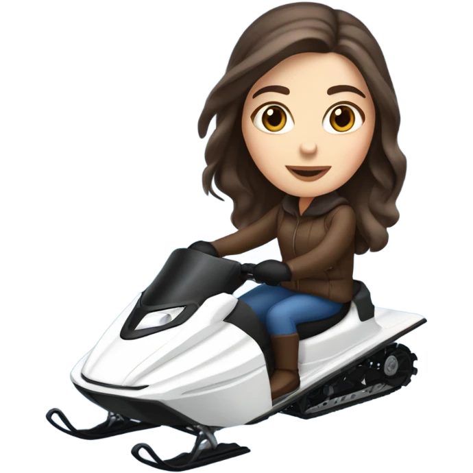 White girl with dark brown hair and blue eyes riding a snow mobile emoji