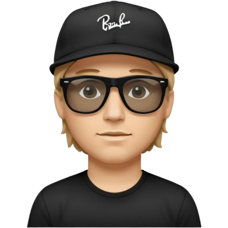 “Emoji of a white man with light brown hair under a black baseball cap, wearing a black t‑shirt and 1980s‑style black Ray‑Ban rectangle sunglasses, with black musical notes floating around his head, modern iOS emoji style. emoji