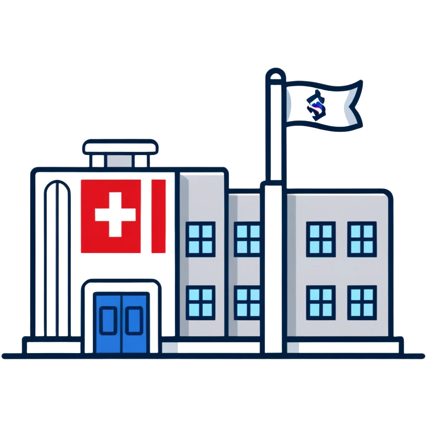 Modern hospital with Thai flag prominently displayed, medical symbol, flag with red white blue stripes emoji