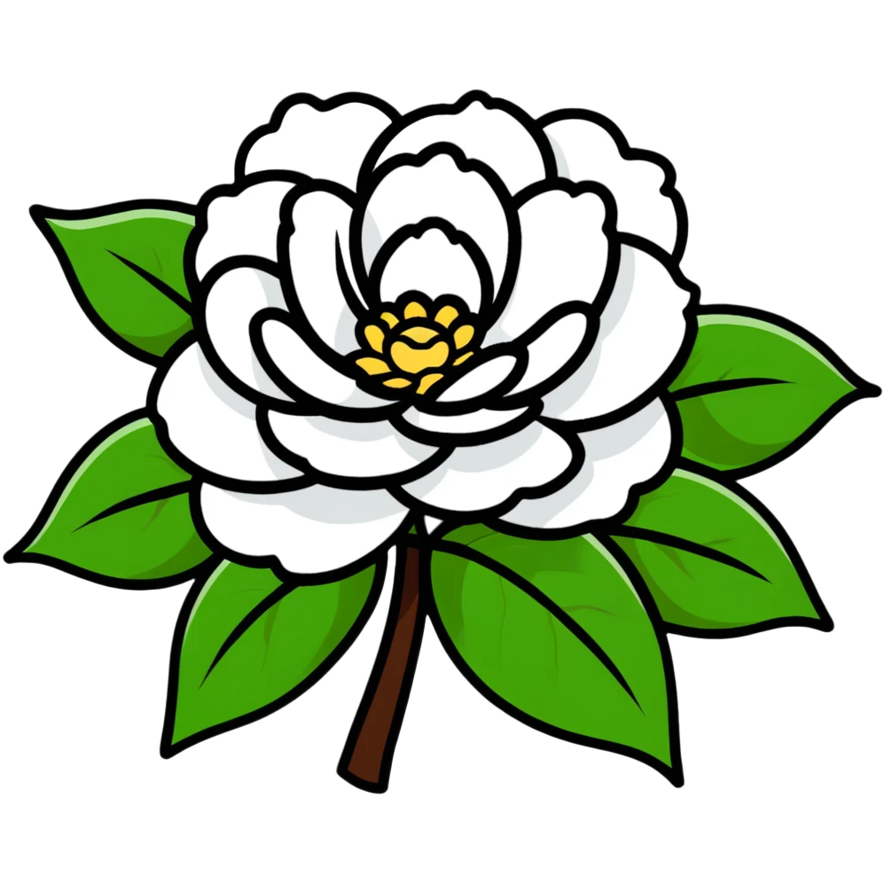 Elegant white camellia flower with symmetrical petals and rich green foliage emoji