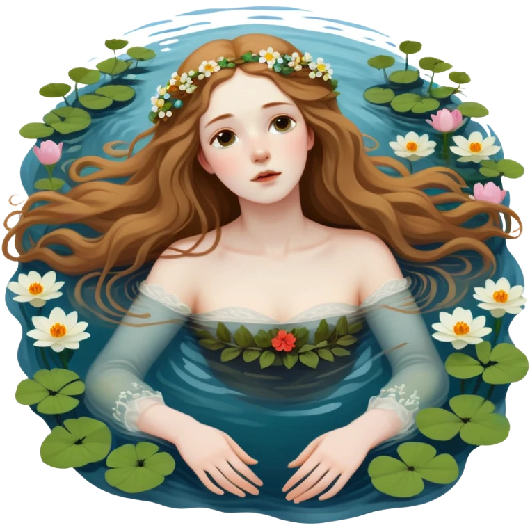 Ophelia floating in water surrounded by flowers, based on the famous painting by John Everett Millais emoji