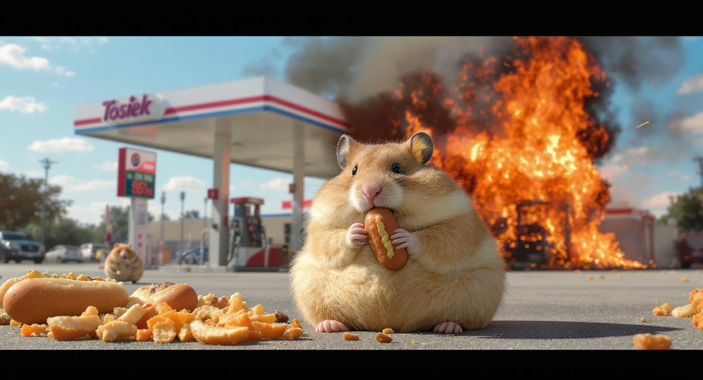 Cinematic still of A portrait of a fat hamster eating hotdog on gas station, gas station is in fire, other hamster fun away, sunny day, back light explosion , gas station named "Tosiek" emoji