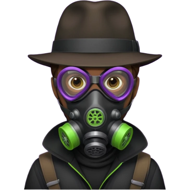 Male Hacker with a fedora with brown hair wearing a gasmask. Color scheme is black, lime-green and purple emoji