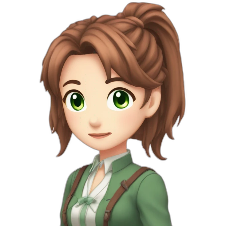 Monika from Doki Doki Literature Club, long corral-brown hair, green eyes, ponytail hair emoji