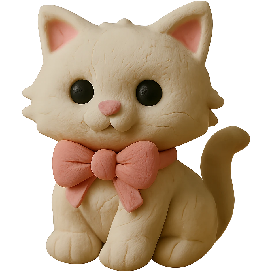 Remove the background, keep only the cute fluffy white kitten with a light pink bow in claymation style with transparent background. emoji