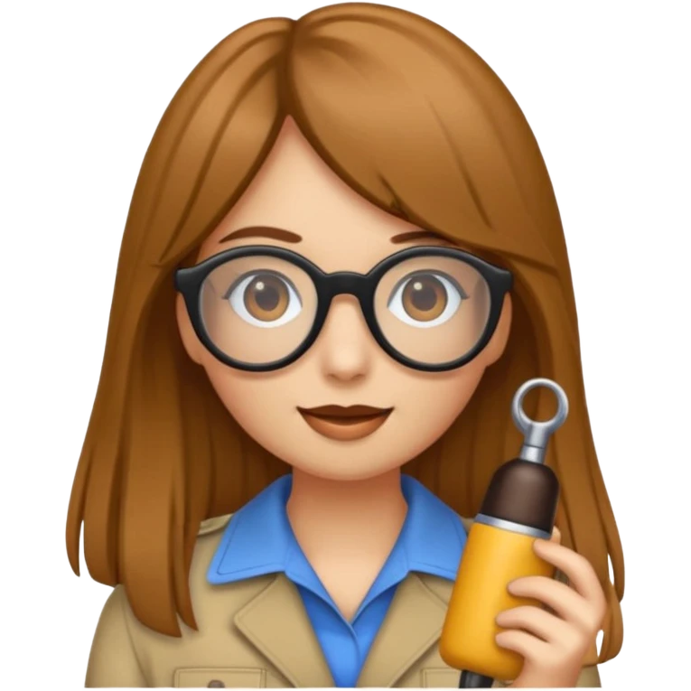 Crea un emoji de una chica con cabello largo y flequillo color castaño con gafas y una cámara en las manos como si fuera reportera  emoji
