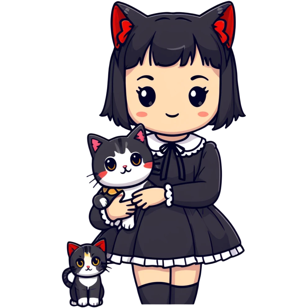 girl wearing black Lolita style dress, with medium-length black hair with red tips, and an American Shorthair tabby cat emoji