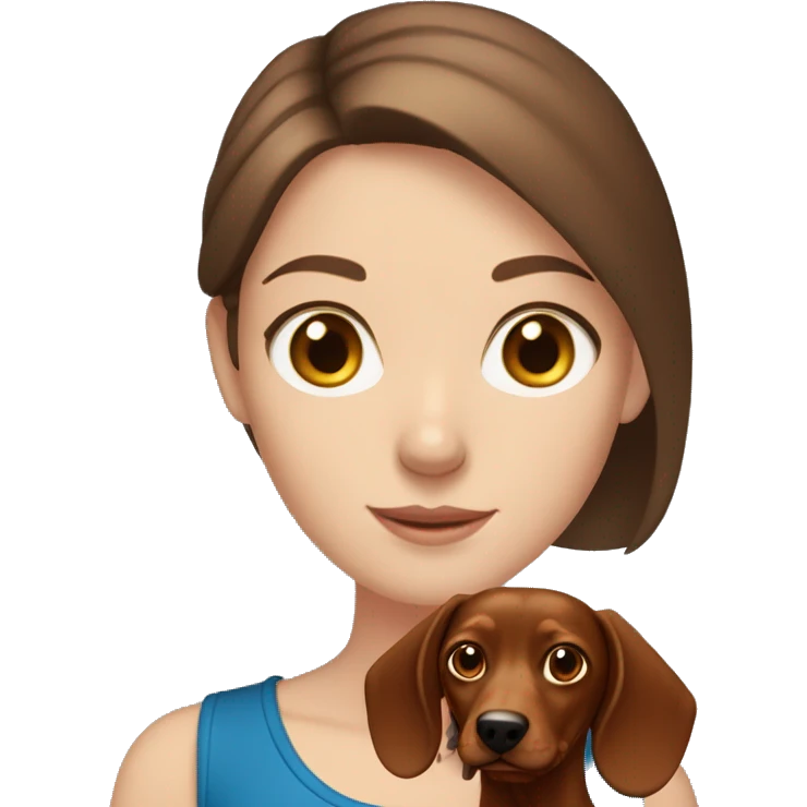 White girl with straight brown hair and blue eyes holding a red dachshund  emoji