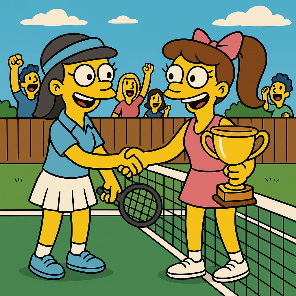  2 female tennis players standing on closed tennis courte. Congratulating each other shaking hands and smiling, one of them is holding a cup for winning. At the background the spectators cheering emoji