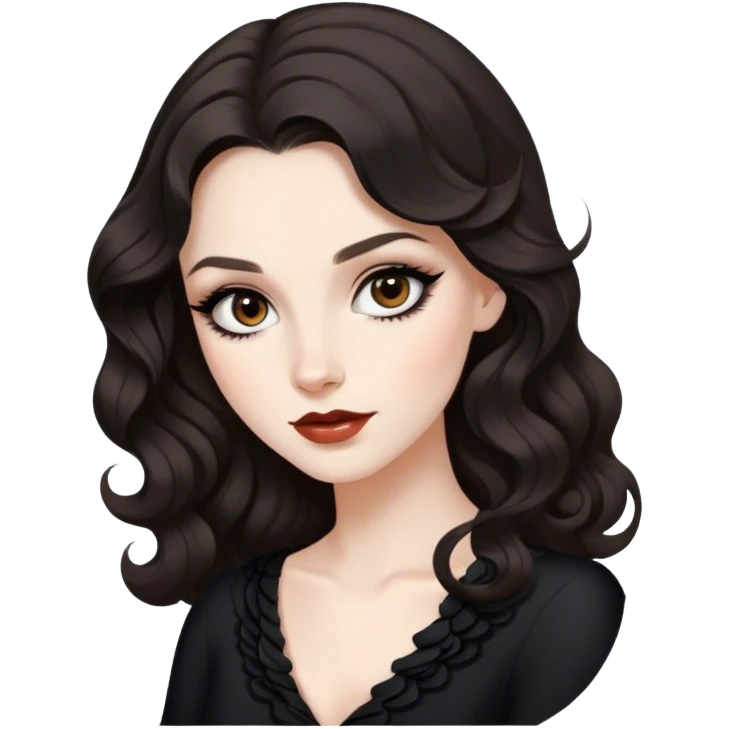 Beautiful girl,Black/dark brown hair, old Hollywood wavy hair, long hair, brown eyes, pale, winged eyeliner emoji
