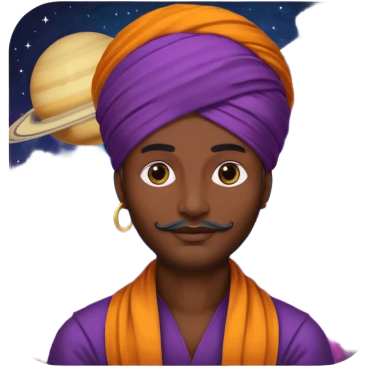 A bold emoji-style illustration with Saturn 🪐 as the dominant element, clearly showing its bright rings. Inside the planet, a stylized man wearing a colorful turban 👳🏾‍♂️, depicted as a mystical or adventurous character, sitting or floating within Saturn, integrated with the planet’s texture. emoji