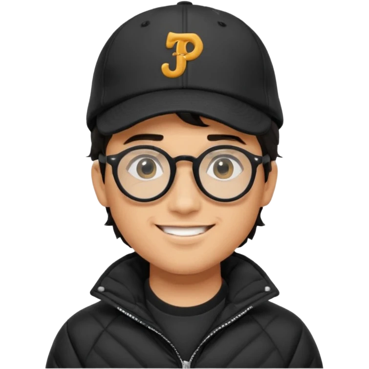 Young man wearing a black puffer jacket, black baseball cap with a small logo, round black glasses, wavy hair peeking out from under the cap, smiling emoji