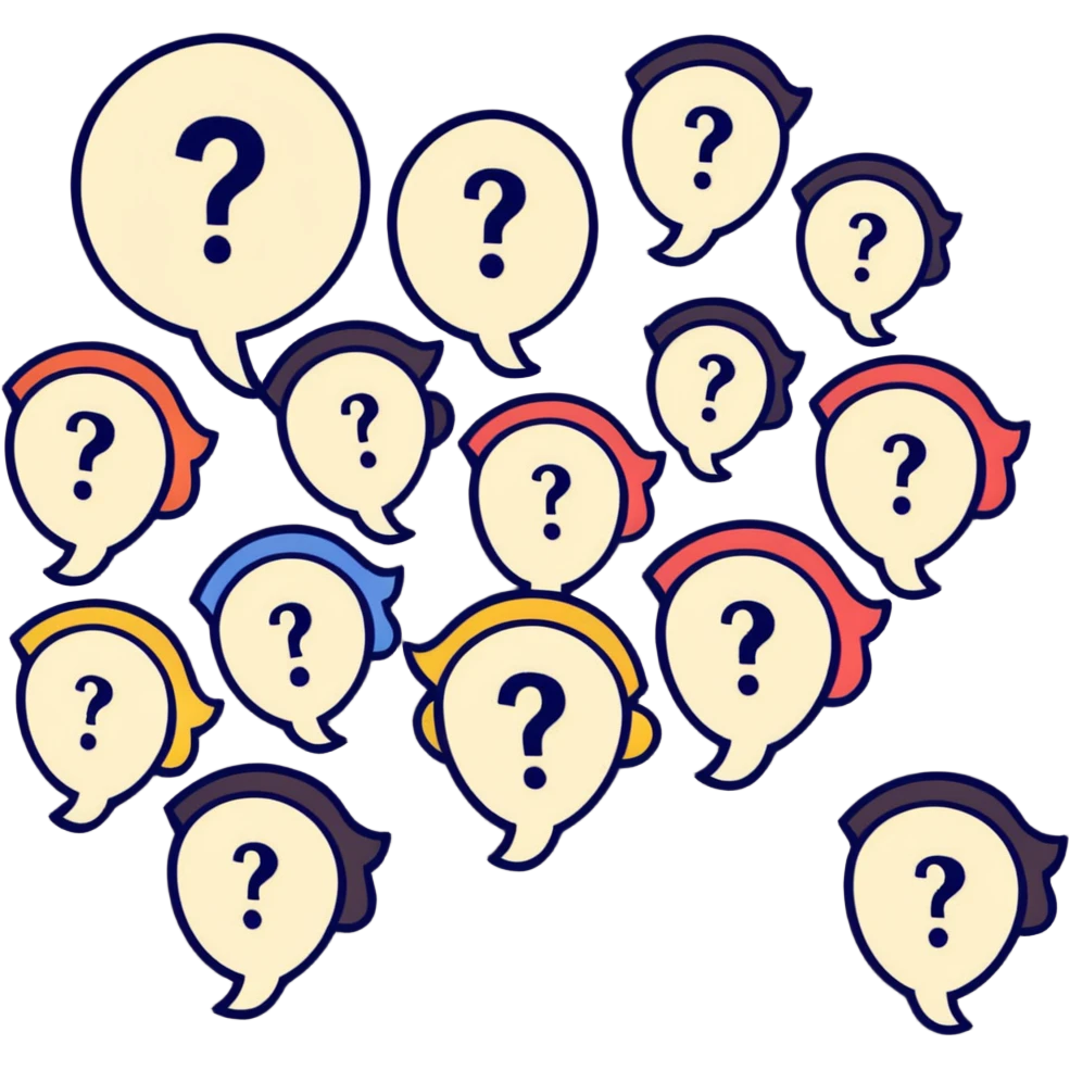 Team of people with bewildered expressions and question marks around them emoji