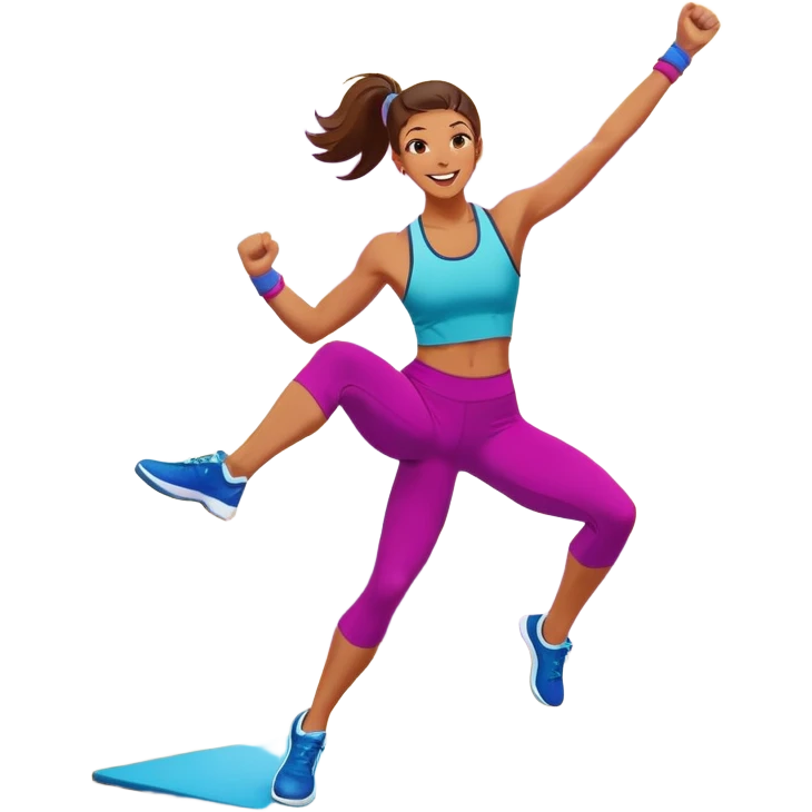 An energetic person performing an aerobics workout in a brightly lit gym, jumping and stretching with enthusiasm. The scene includes vibrant fitness equipment like dumbbells and exercise mats, with a background of cheerful, motivating colors, conveying energy and movement. emoji
