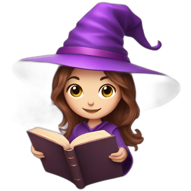 Cute witch with brown hair and purple unicorn reading a magic book emoji